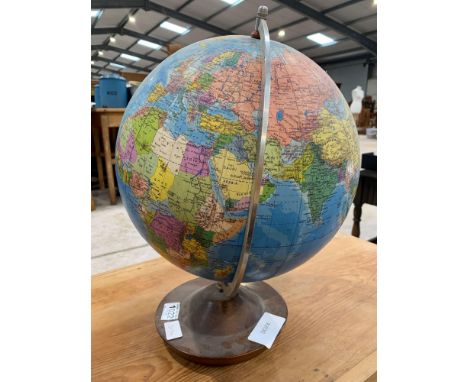 A vintage globe of the world (post 1964), on stained wooden base, approximately 47cm high. Viewing/collection at West Woodlan