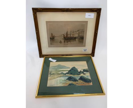 Henry G Walker – a coloured etching of fishing boats in a harbour, signed in pencil by the artist, 17cms x 29cms in gilt fram