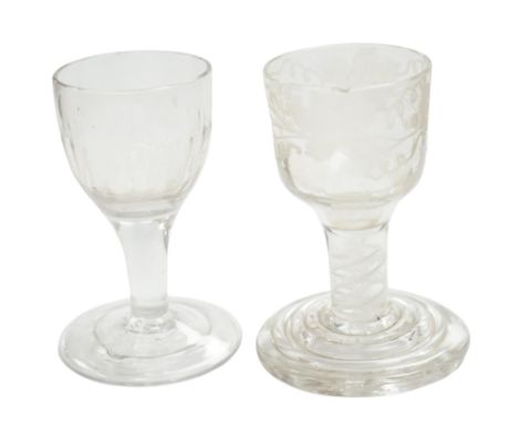 A mid 18th century firing glass with double series opaque twist stem and terraced foot, and another glass, tallest 9.5cm high