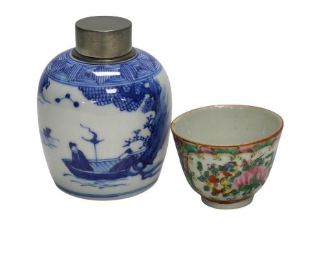 A pewter topped Chinese blue and white tea caddy together with a famille rose teabowl. Condition - good