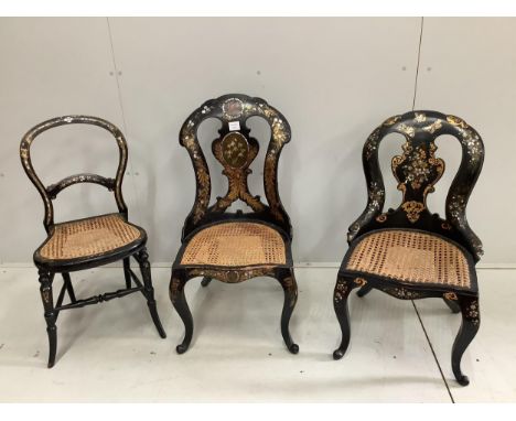 Three Victorian painted mother of pearl inlaid papier mache cane seat side chairs, largest width 42cm, height 84cm. Condition