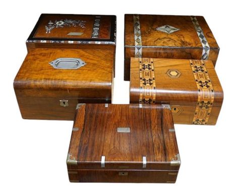 A rosewood military box, a mother-of-pearl inlaid box, another similar box, an inlaid box and plainer box (5). Condition - fa