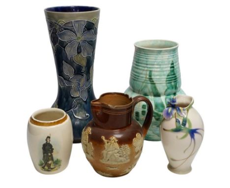 A Doulton Lambeth stoneware vase, a G.M. For Beswick vase, a Franz vase, a James Nicoll &amp; Son and a Doulton stoneware jug