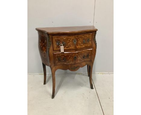 A small Louis XVI style marquetry inlaid two drawer bombe commode, width 79cm, depth 37cm, height 85cm. Condition - fair