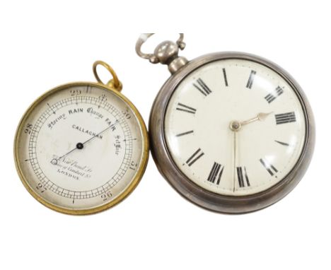 A Victorian silver pair cased keywind verge pocket watch, together with a Callaghan brass cased barometer in leather case. Co