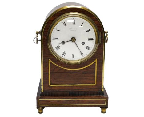 A rosewood brass inlaid eight day mantel clock with enamel dial inscribed Gantheny, Cheapside, with pendulum, no key, 22cm hi