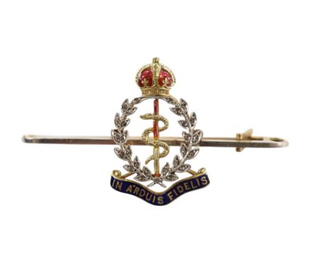 A mid 20th century 15ct, enamel and diamond set Royal Army Medical Corps sweethearts brooch, 49mm, gross weight 5 grams, in a