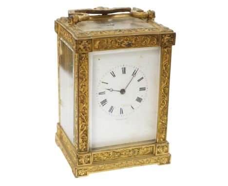 A 19th century French fancy ormolu cased carriage clock, movement requires work, 13cm high. Condition - dial marked, gilding 