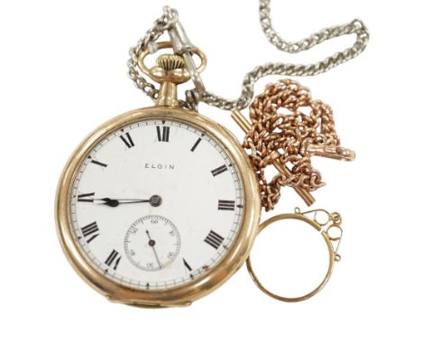 A 9ct gold albert, 21.7cm, 9.4 grams, together with an Elgin gold plated open face pocket watch with a white metal chain, a 9