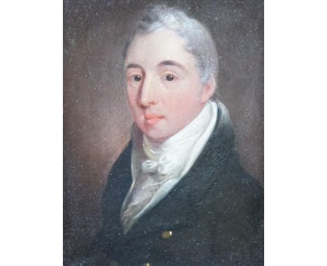 19th century School, oil on board, Portrait of a gentleman wearing a white stock, 9cm x 12.5cm, ornate gilt framed. Condition