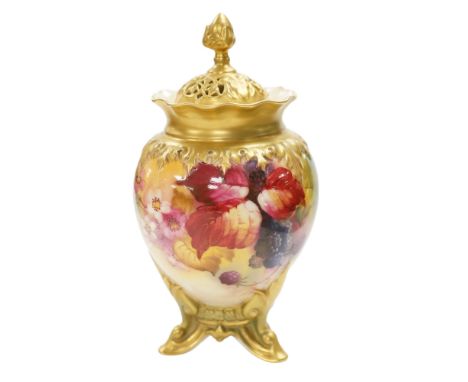A Worcester K. Blake, hand decorated jar and associated cover, 17cm including cover. Condition - jar good, cover rim chipped