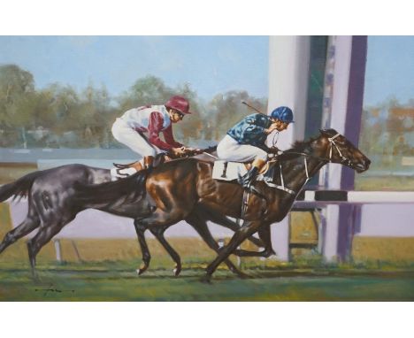 Graham Isom (b.1945), oil on canvas, Horse racing scene, 50 x 75cm. Condition - fair to good, a few minor light scuffs