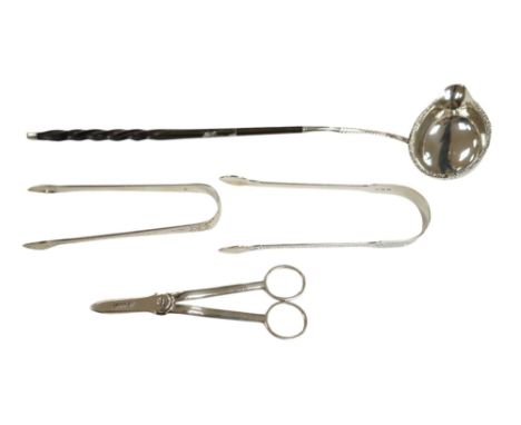 A pair of George V silver grape scissors, by William Hutton &amp; Sons, two pairs of silver sugar tongs and a Georgian silver