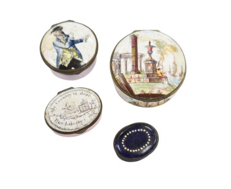 Four 18th century South Staffordshire enamel patch boxes, largest 5.5cm at base. Condition - poor, all have damage