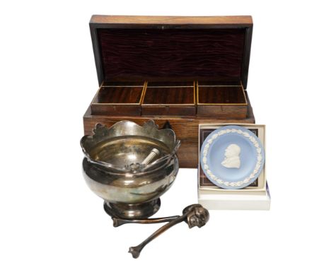 A Regency rosewood tea caddy, three pairs of nut crackers including a novelty skull nut cracker, a plated bowl, two napkin ri