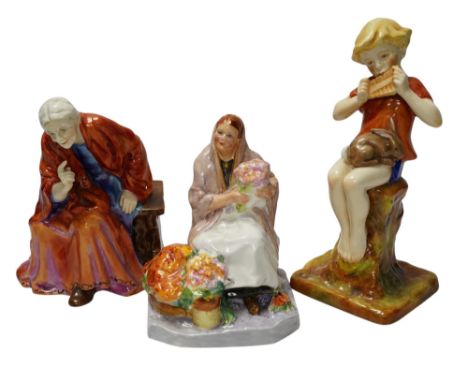 Three Worcester figurines comprising 'Dublin Flower Girl', The Fortune Teller and Peter Pan, tallest 20cm high. Condition - g