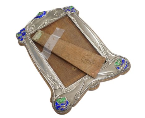 An Edwardian Art Nouveau silver and enamel mounted photograph frame, James Deakin &amp; Sons Ltd, Birmingham, 1902, enamel a.
