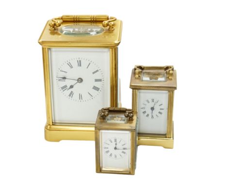 A French carriage clock and two other miniature carriage clocks, largest 13cm high. Condition - fair to good, not tested as w