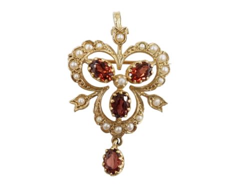 A Victorian style 9ct gold, garnet and seed pearl set drop pendant brooch, overall 39mm, gross weight 5.7 grams. Condition - 