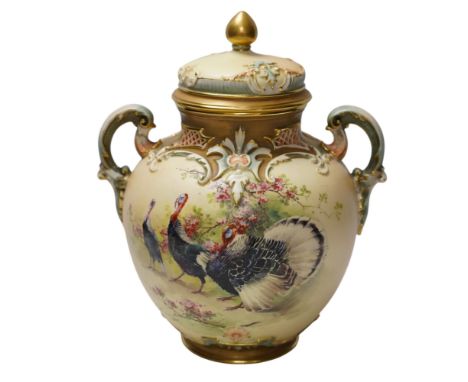 A Worcester jar and cover, 1515, painted with turkeys by Charles Baldwin, 25cm high. Condition - fair, one handle repaired As