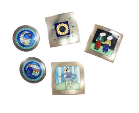 Two modern Jane Moore silver and enamel square brooches, 35mm and a similar Jane Moore pendant, together with a pair of simil