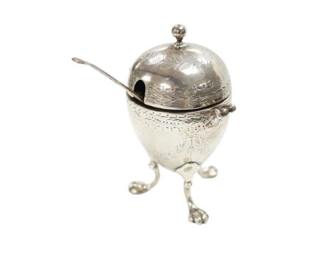 A Victorian silver egg shaped mustard pot, on paw feet, London, 1867, 10.5cm, with an earlier silver mustard ladle. Condition