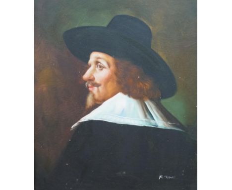 F. Rowe, Decorative oil on canvas, Portrait of a 17th century Dutch gentleman, signed, 59 x 50cm, ornate gilt framed. Conditi
