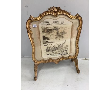 A Victorian giltwood and composition firescreen, inset silk thread embroidered panel, width 69cm, height 90cm. Condition - fa