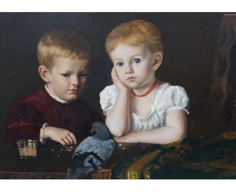 James Sant, R.A. (1820-1916), oil on canvas, Portrait of two boys with a pigeon, 54 x 73cm, gilt framed. Condition - good