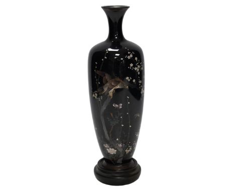 A Japanese cloisonné enamel ‘eagle’ vase, signed to base, on hardwood stand, 27cm total height. Condition - slight damage Cir