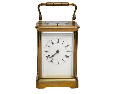 A late 19th century French brass cased eight day repeating carriage clock, 15cm. Condition - good, not tested as working