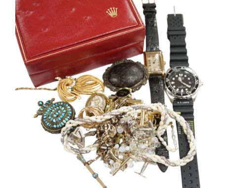 A small group of assorted costume jewellery including cufflinks, rings, brooches etc. together with two wrist watches and a R