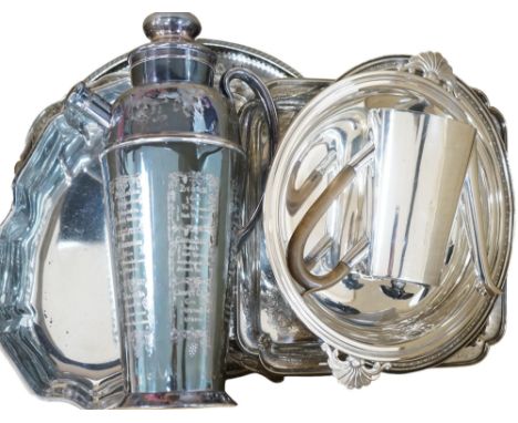 Assorted plated wares including cocktail shaker, dishes, sauce ladle etc., cocktail shaker 33.5cm high. Condition - fair
