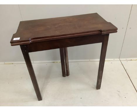 A George III mahogany folding card table, width 74cm, depth 37cm, height 73cm. Condition - fair