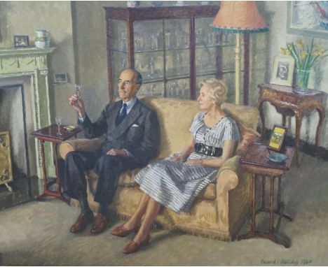 Edward Irvine Halliday (1902-1984), oil on canvas, Interior scene with Mr and Mrs Giles Newton, signed and dated 1964, Royal 