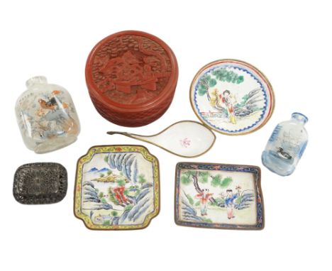 A group of Chinese Canton enamel trays, a Chinese lacquer box and cover, snuff bottles, two filigree work boxes, and a champl