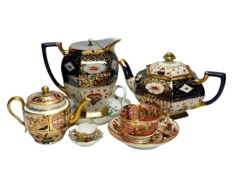A Spode Imari pattern part teaset, collection of other porcelain tea wares and a Meissen leaf dish, largest 28cm wide. Condit