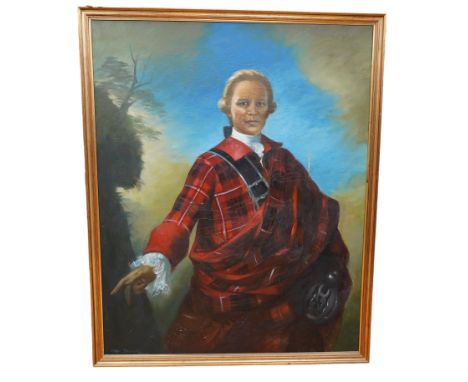 A large decorative oil on canvas, Half-length portrait of a Scottish highlander, 125 x 99cm. Condition - poor to fair