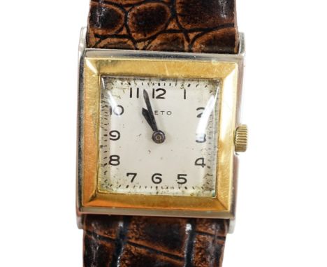 A gentleman's 18ct gold and steel Veto square case manual wind wrist watch, on a leather strap. Condition - poor to fair
