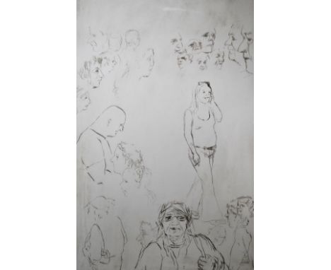 Marina Kim, etching, 'The Street', 30 x 20cm, together with After Isherwood, oil on board, 'Homosapiens with young', 48 x 61c