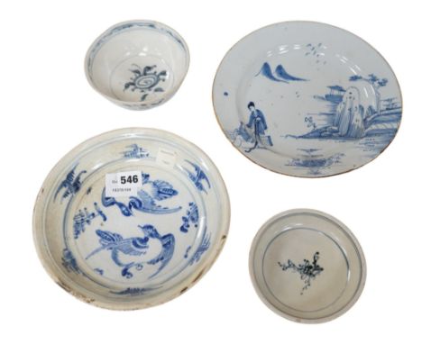 Three 15th century pieces from the Saga Visal Hoi-an hoard Vietnamese shipwreck and a delft dish, 26cm. Condition - commensur