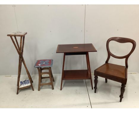 A late Victorian bamboo tiled two tier plant stand, height 96cm, an Edwardian inlaid rectangular two tier table, a Victorian 