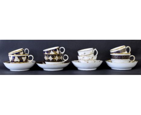 New Hall - four teacups/bowls and coffee cups with saucers in pattern nos. 882, 554, 52 and 695 (12)