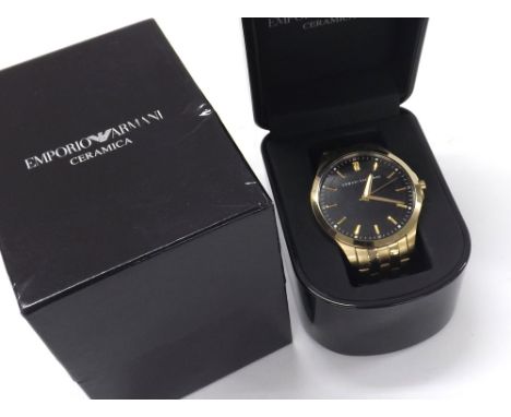 Armani Exchange gold plated and stainless steel gentleman's bracelet watch, ref. AX2145, no. 121508, black dial with centre s