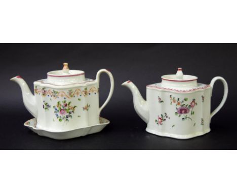New Hall - 'Silver' shape teapot on stand in pattern no. 467, 6" high; together with a similar shape teapot in pattern no. 29