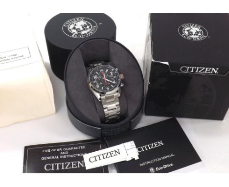 Citizen Eco-Drive WR 100 chronograph stainless steel gentleman's bracelet watch, ref. B612-S087899, no. 361020928, black dial