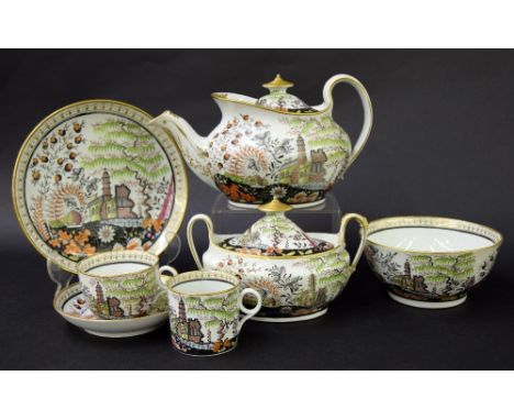 New Hall - tea set comprising teapot, tea bowl, coffee cup, saucer, sandwich plate, sugar bowl and slop bowl in pattern no. 9