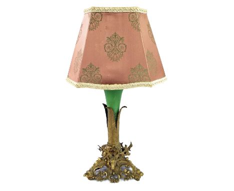 19th century ormolu and green opaque glass epergne converted to a lamp, the pierced trefoil base cast as deer heads, foliage,