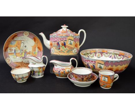 New Hall - part tea set comprising teapot, milk jug, tea bowl and coffee cup with saucer and fruit bowl in pattern no. 425; a