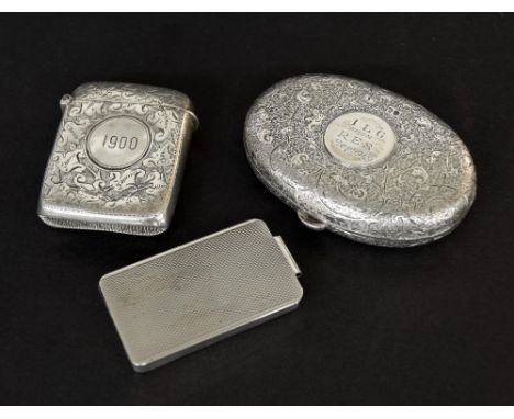 Victorian oval silver engraved pill/trinket box, with inscription dated 1949, London 1882, maker Sampson Mordan & Co, 2.75" w
